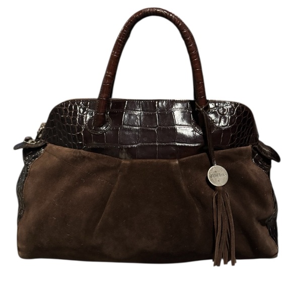 Furla Handbags - Furla Brown Suede and Croc Embossed Leather Handbag